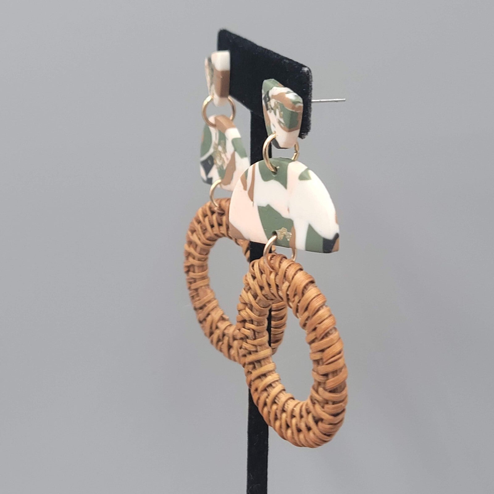 Rattan Multicolor Polymer Clay Pierced Earrings Dangle 2.75"
