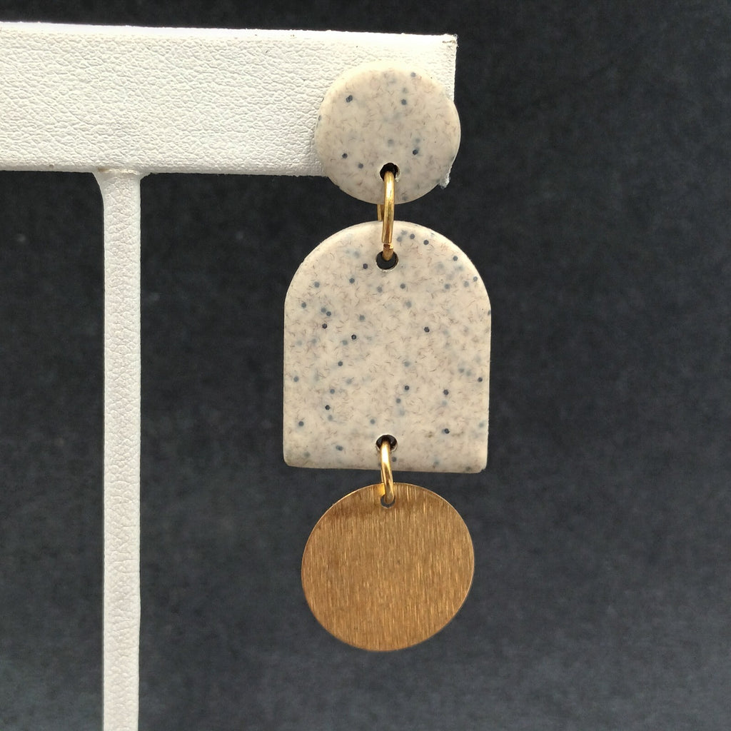 Pierced Earrings Speckled Acrylic Gold tone Geometric Statement Dangle 2 3/8"