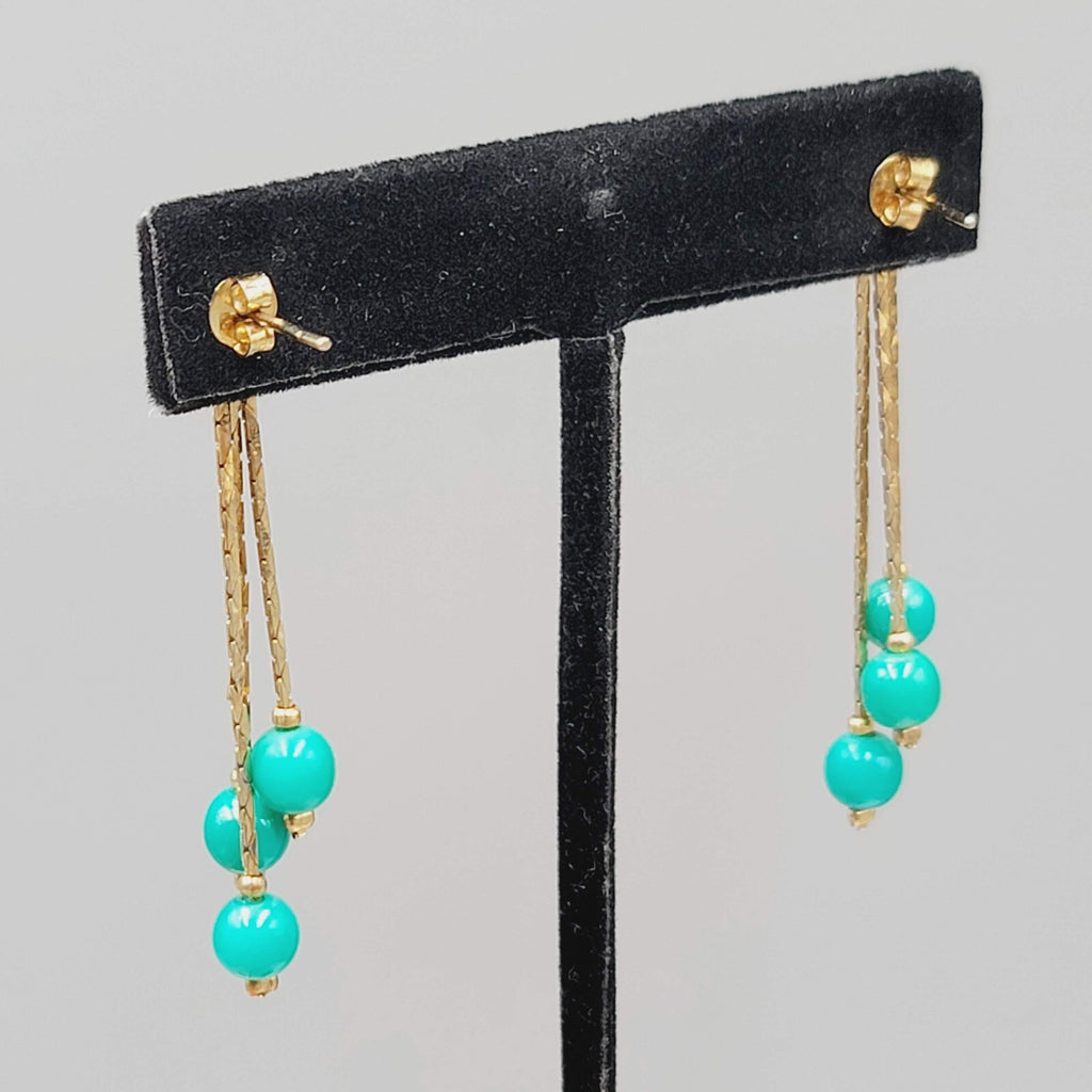Vintage Dangle Chains Pierced Earrings Teal Bead 2"