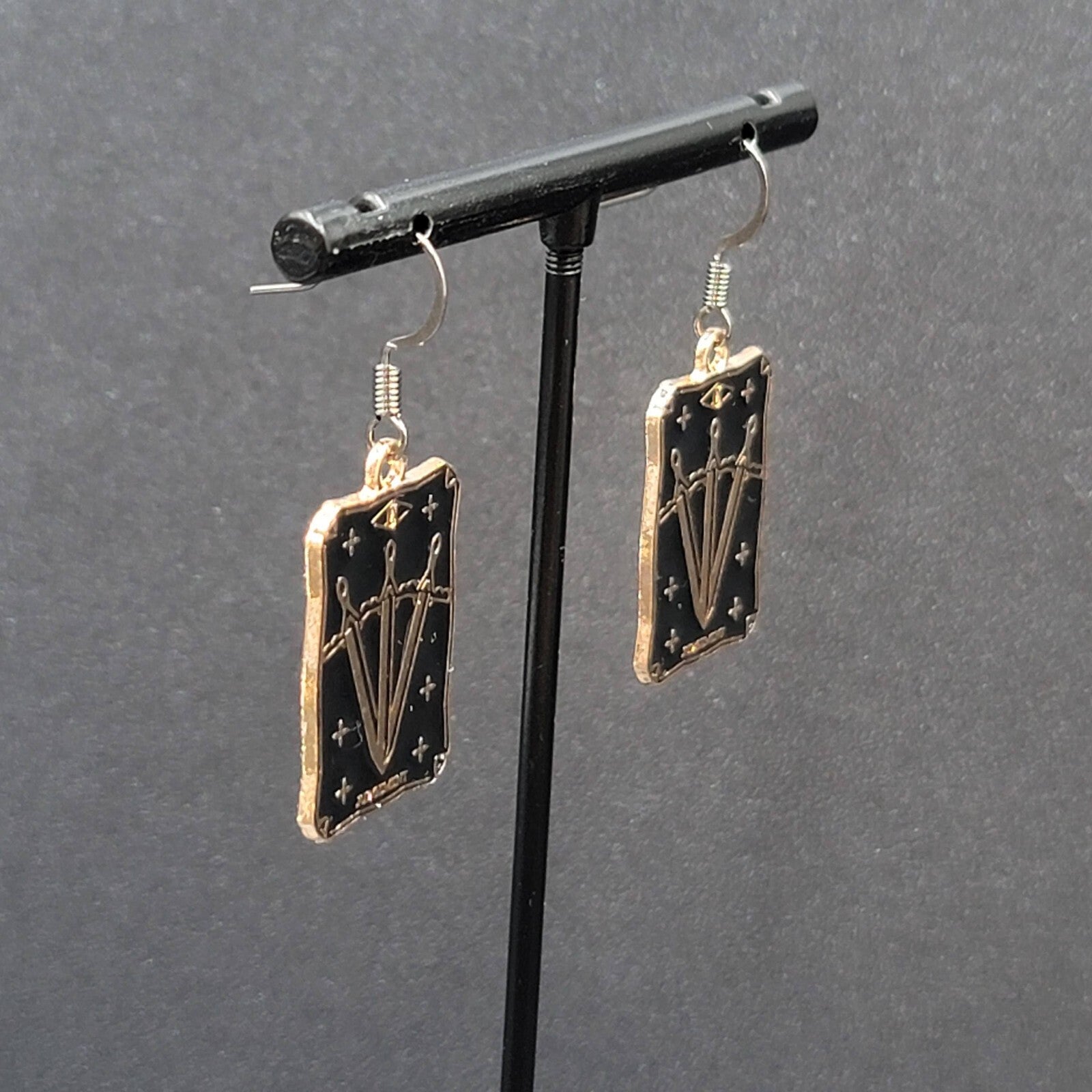 Tarot Card Pierced Earrings JUDGEMENT 3 Swords Gold tone Black 1"