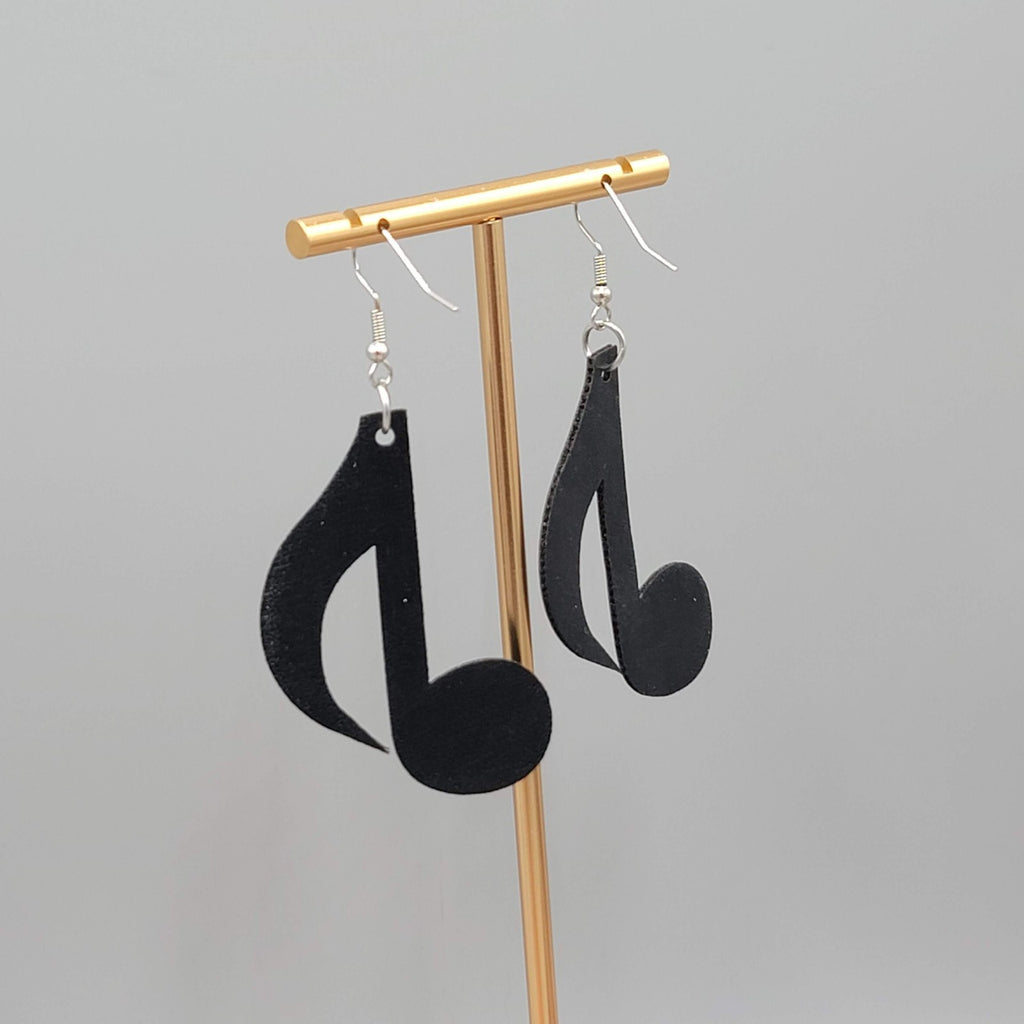 Eigth Note Black Faux Leather Music Pierced Earrings Silver tone Dangle 2"
