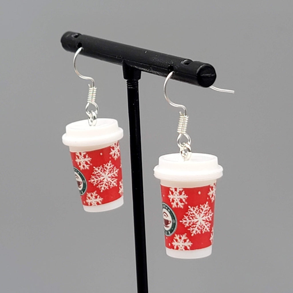 Holiday Cup Pierced Earrings Coffee Hot Cocoa Snowflakes Dangle 7/8" NEW