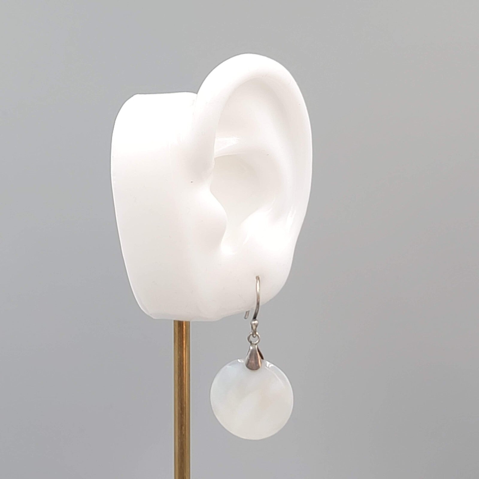 Sterling Silver Pierced Earrings Round Mother of Pearl Dangle 7/8"