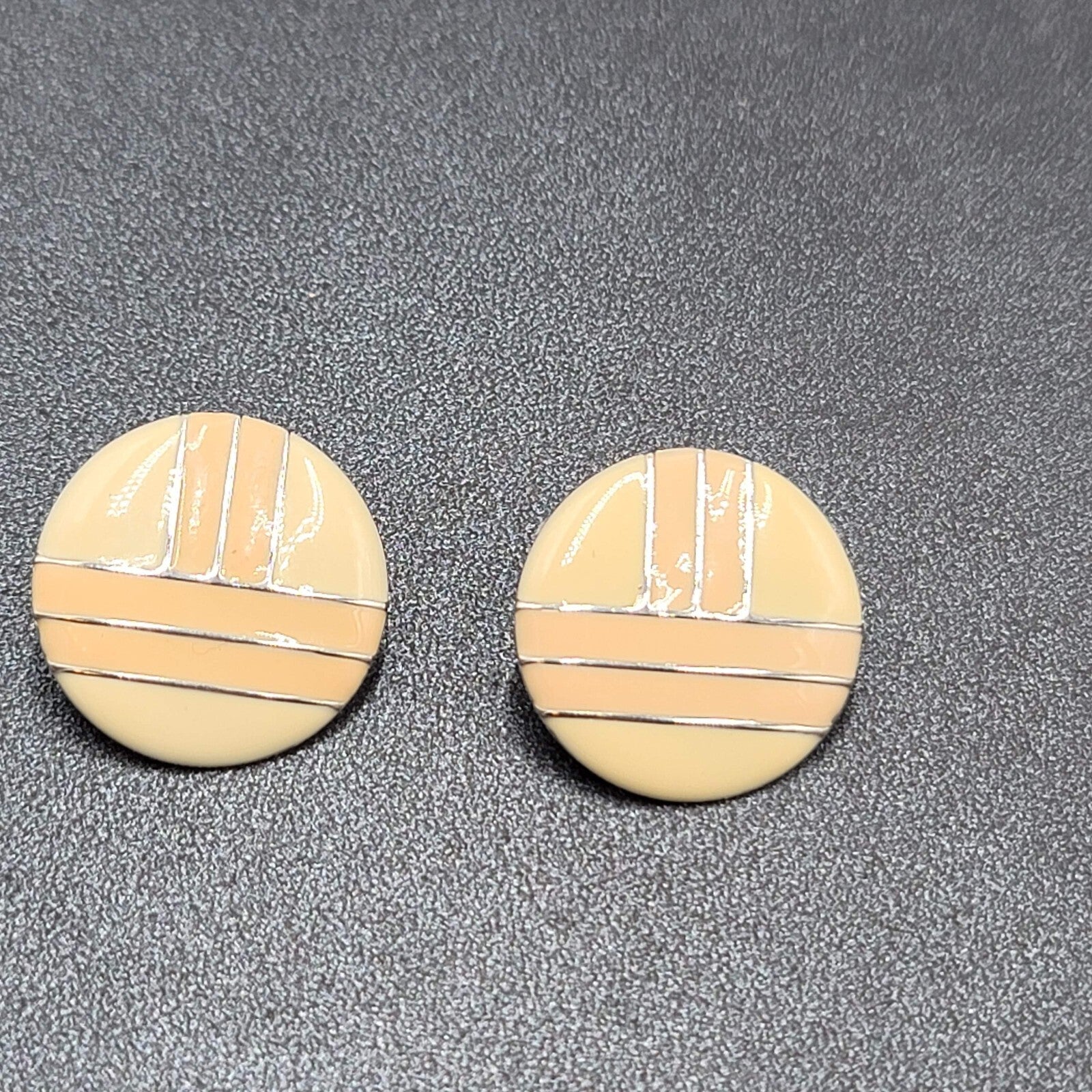 Vintage Pierced Earrings Round Silver tone Peach Tan Enamel 1"