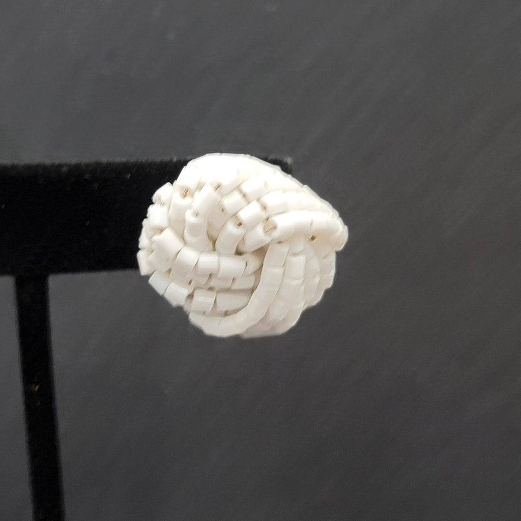 Vintage Pierced Earrings White Seed Beads Knot Estate Jewelry 1"