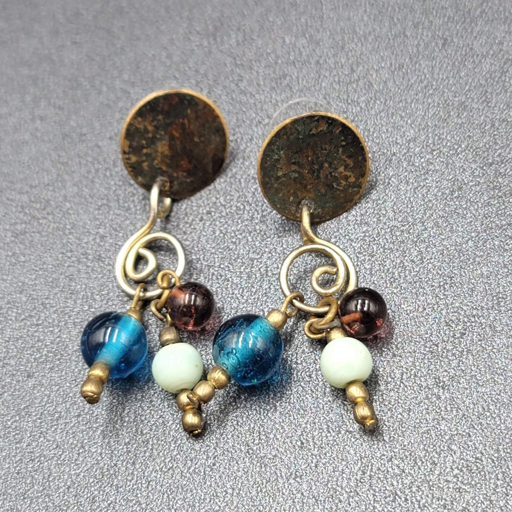 Pierced Earrings Tri tone Metals Glass Bead Modernist Dangle 1.75"