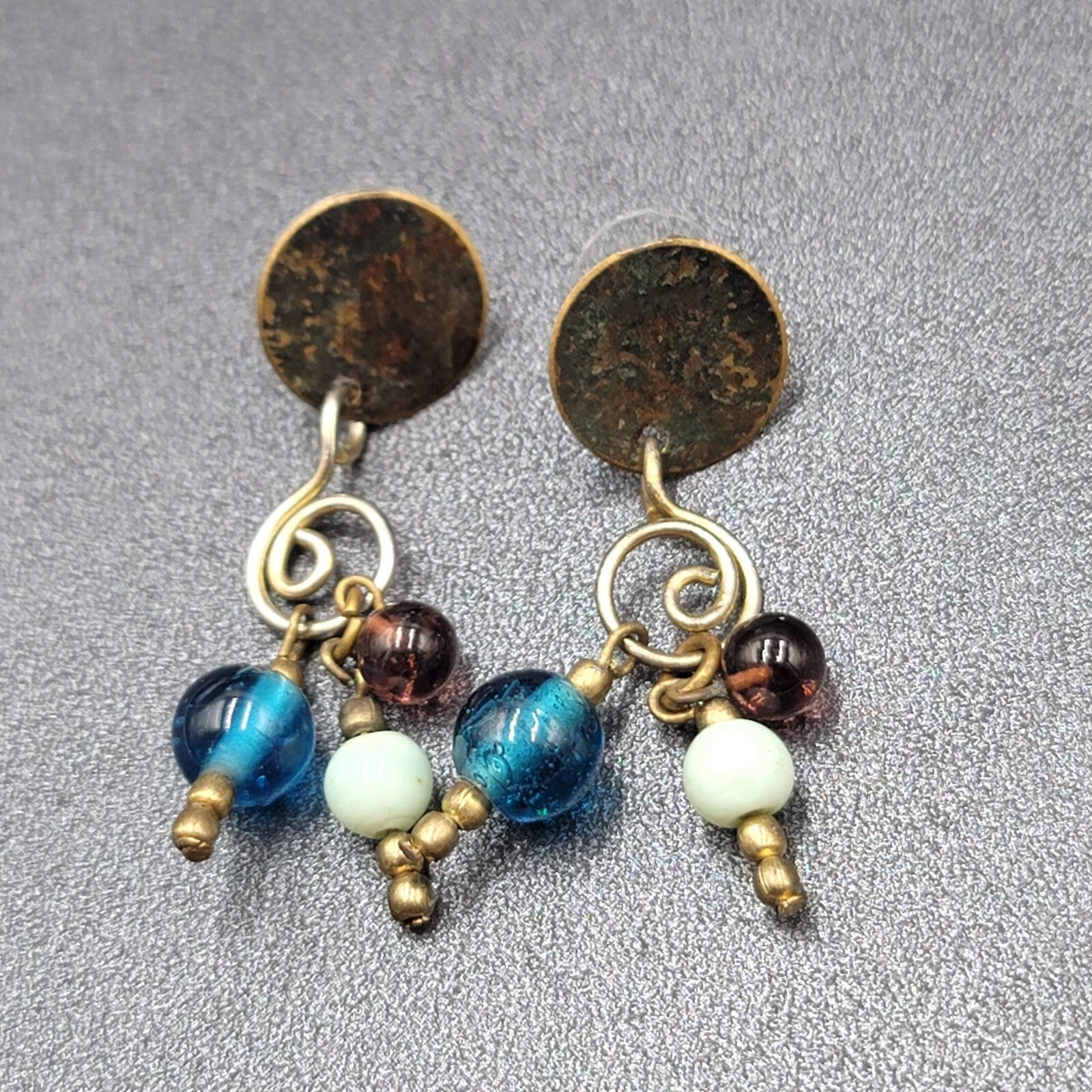 Pierced Earrings Tri tone Metals Glass Bead Modernist Dangle 1.75"