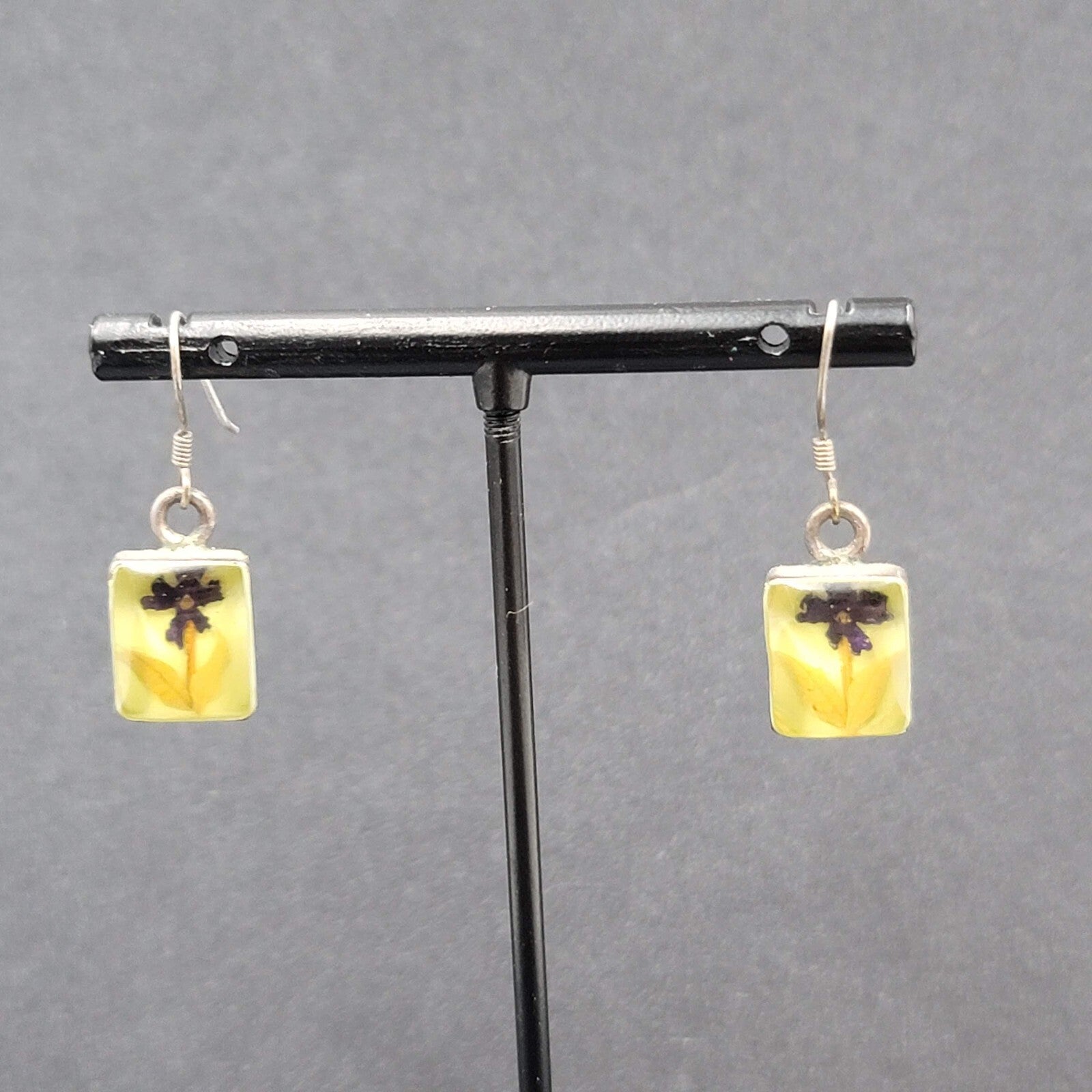Pierced Earrings Sterling Silver Real Flower in Resin Dangle 5/8"