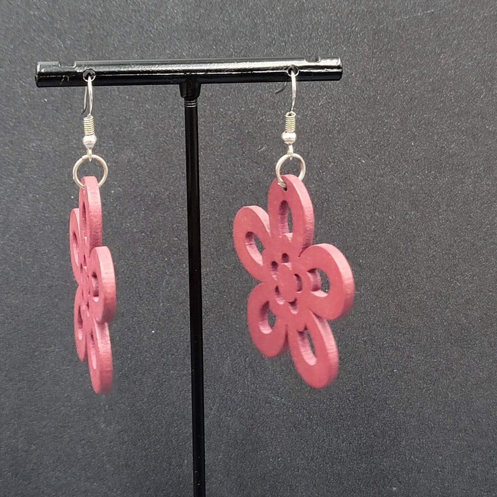 Flower Pierced Earrings Red Burgundy Laser Cut Wood Dangle 1.75"