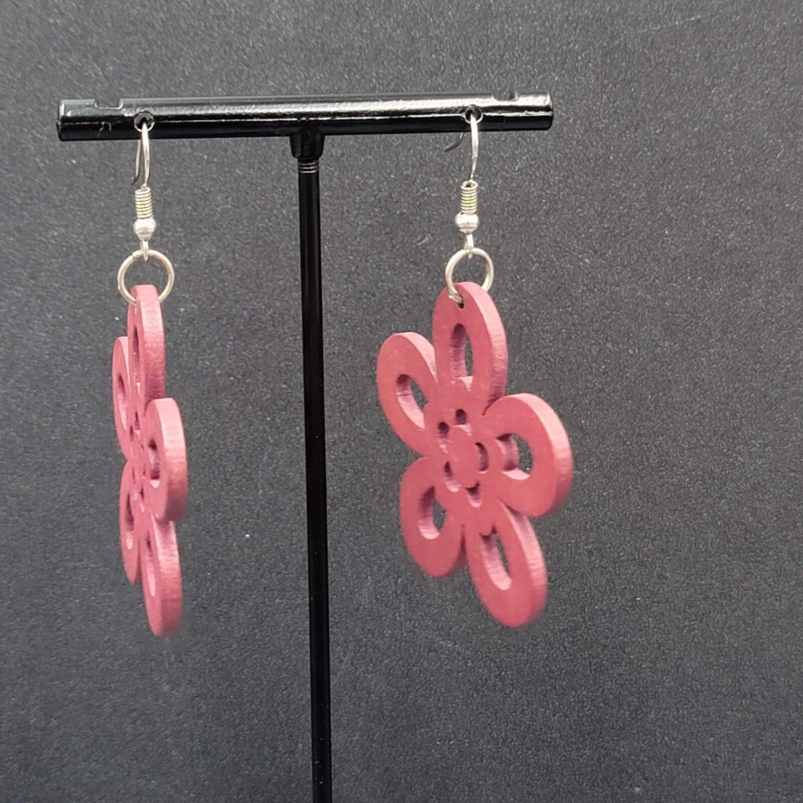 Flower Pierced Earrings Red Burgundy Laser Cut Wood Dangle 1.75"