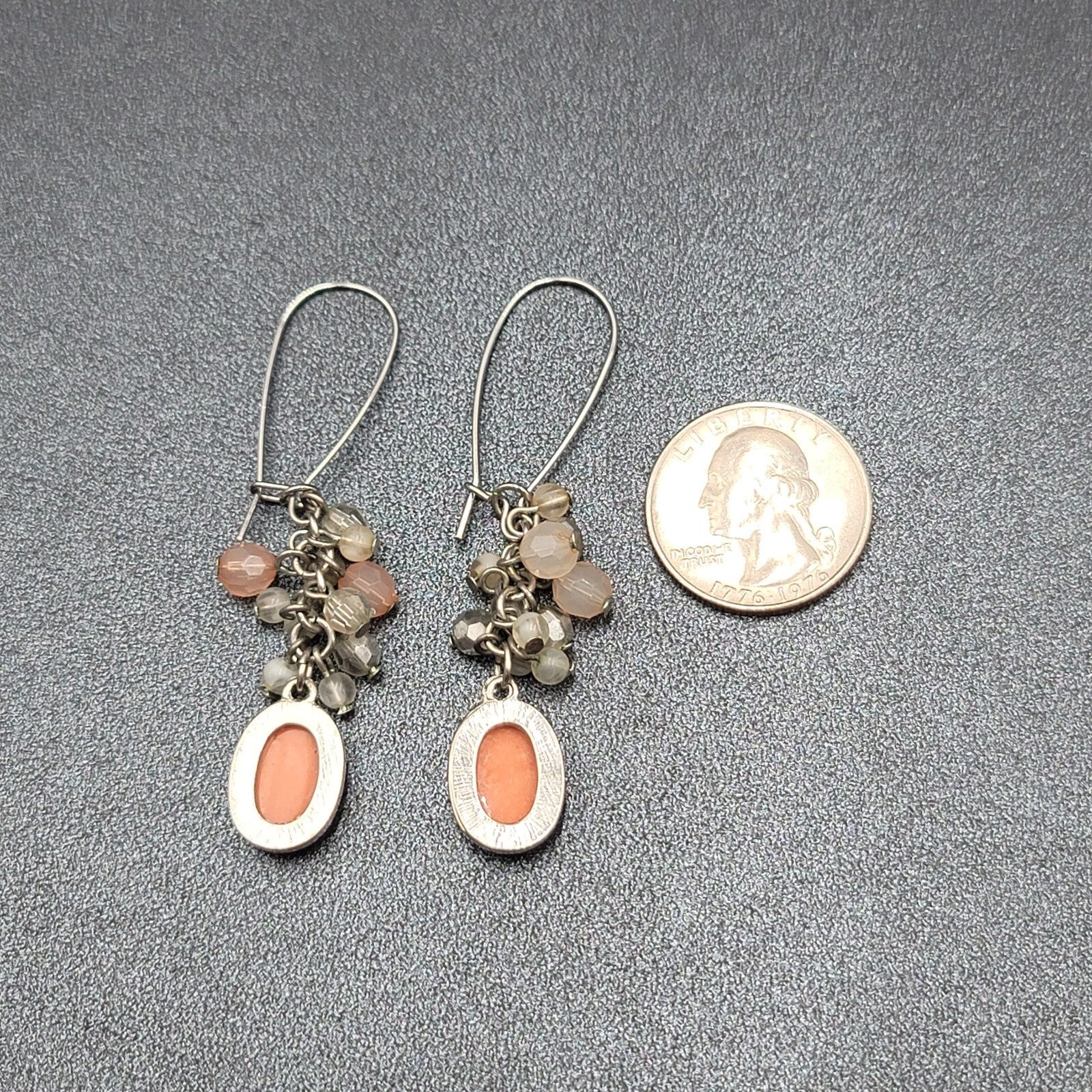 Pierced Earrings Silver tone Cluster Bead Orange Dangle 2.5"