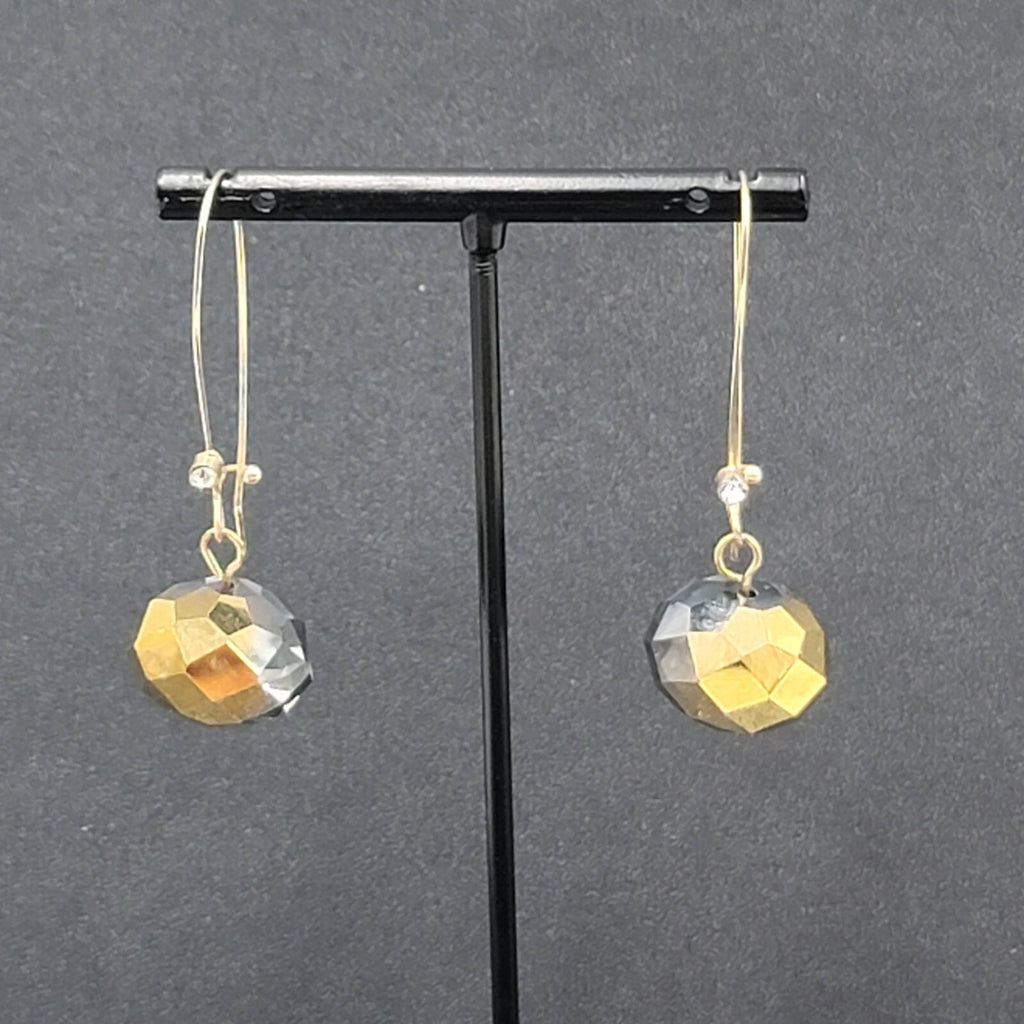 Pierced Earrings Gold tone faceted Glass Bead Smokey Gray Dangle 2"