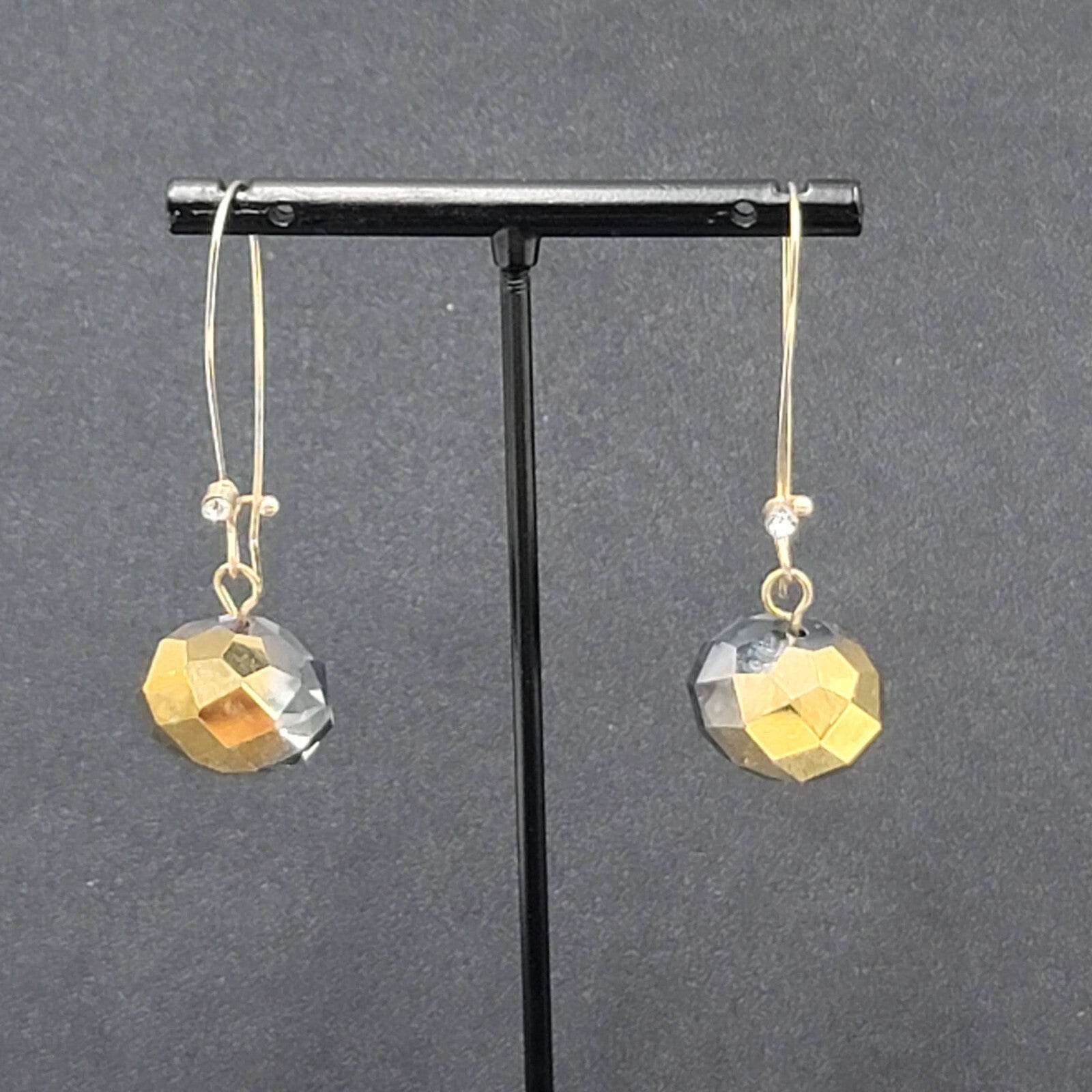 Pierced Earrings Gold tone faceted Glass Bead Smokey Gray Dangle 2"