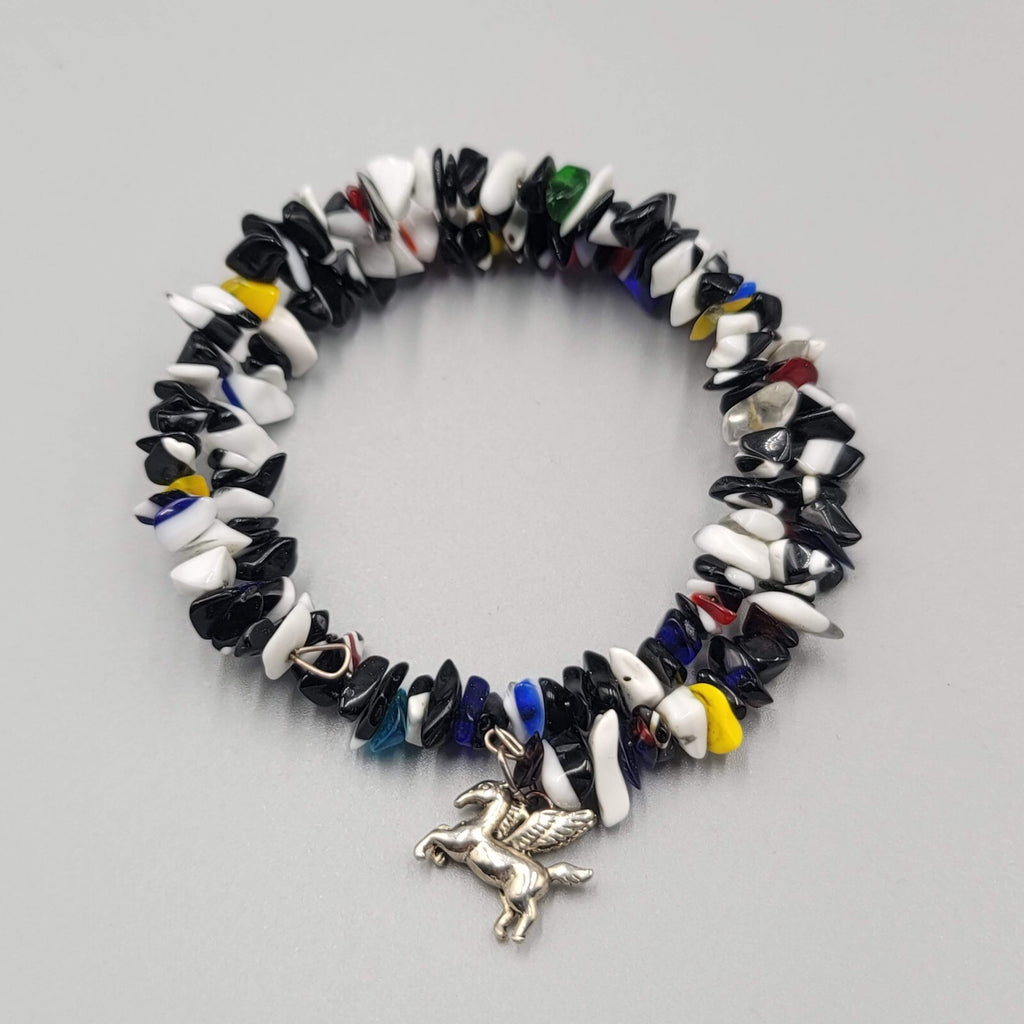 Memory Wire Bracelet Black White Yellow Red Art Glass Beads Pegasus Charm