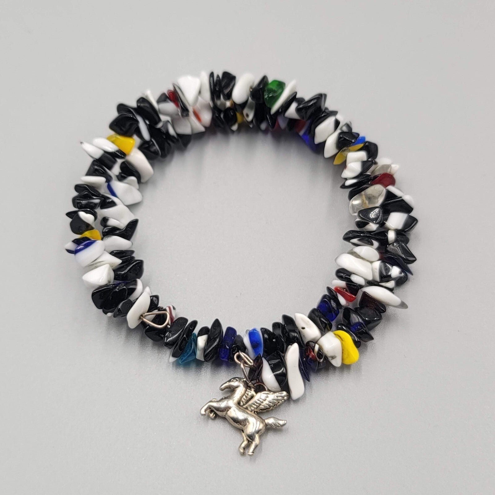 Memory Wire Bracelet Black White Yellow Red Art Glass Beads Pegasus Charm