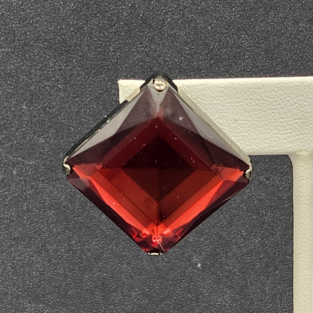 Vintage Clip on Earrings Black Metal Red Acrylic Square Drop 1"