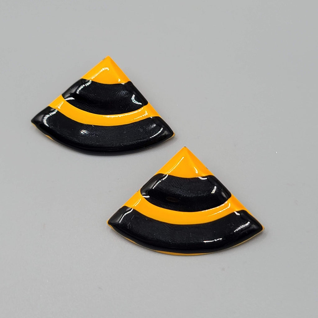 Vintage Pierced Earrings Yellow Black Enamel Triangle Drop Statement 80s 1 1/8"
