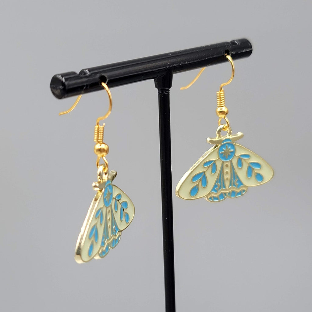 Moth Pierced Earrings Gold tone Yellow Blue Enamel Dangle 3/4"