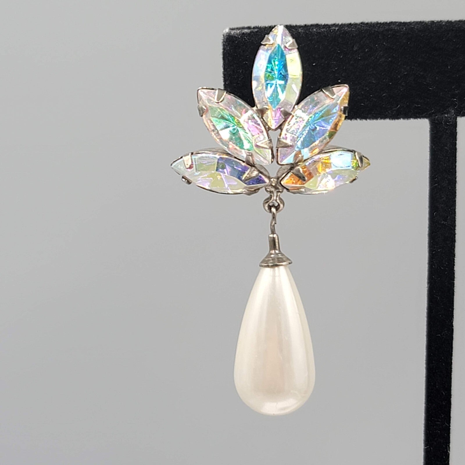Vintage Statement Pierced Earrings Large AB Rhinestone Faux Pearl Teardrop 2.25"