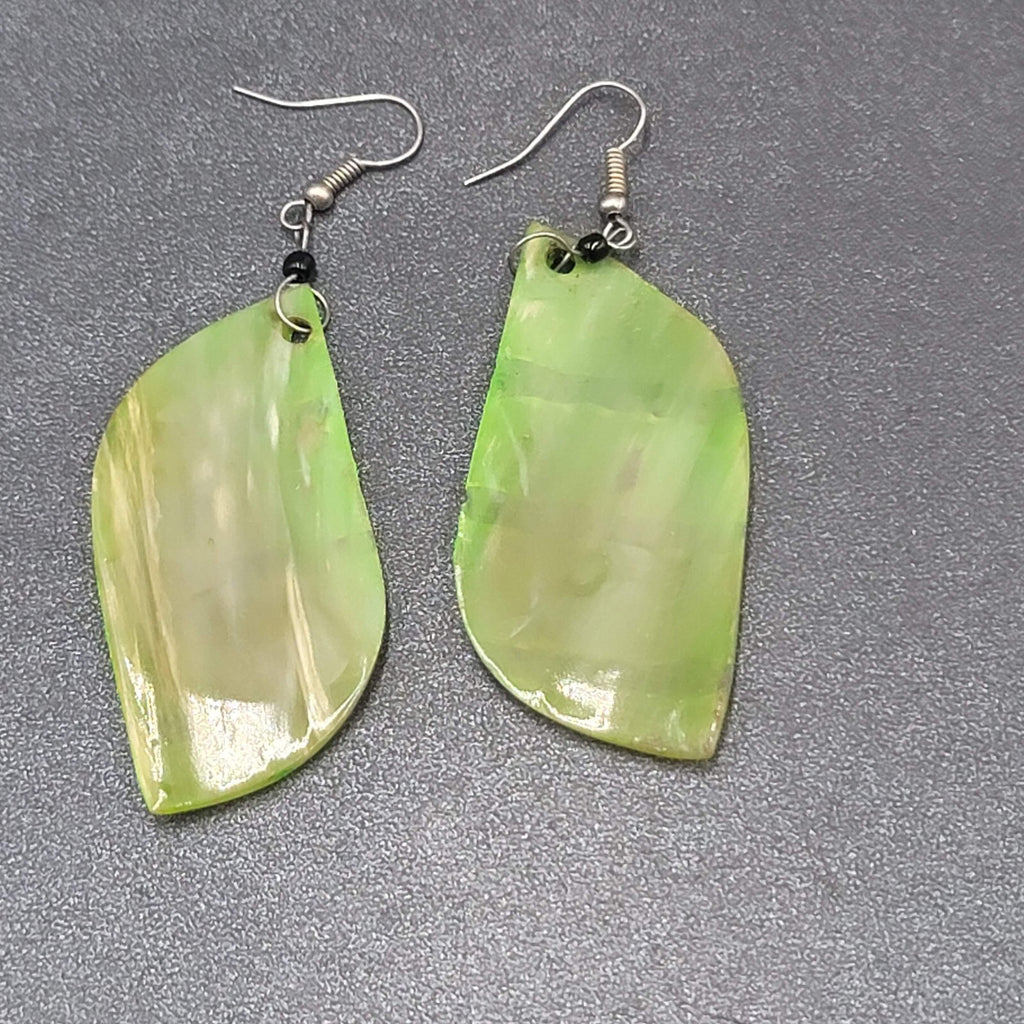 Pierced Earrings Silver tone Green Shell Hand Painted Dangle Acrylic 2.25"