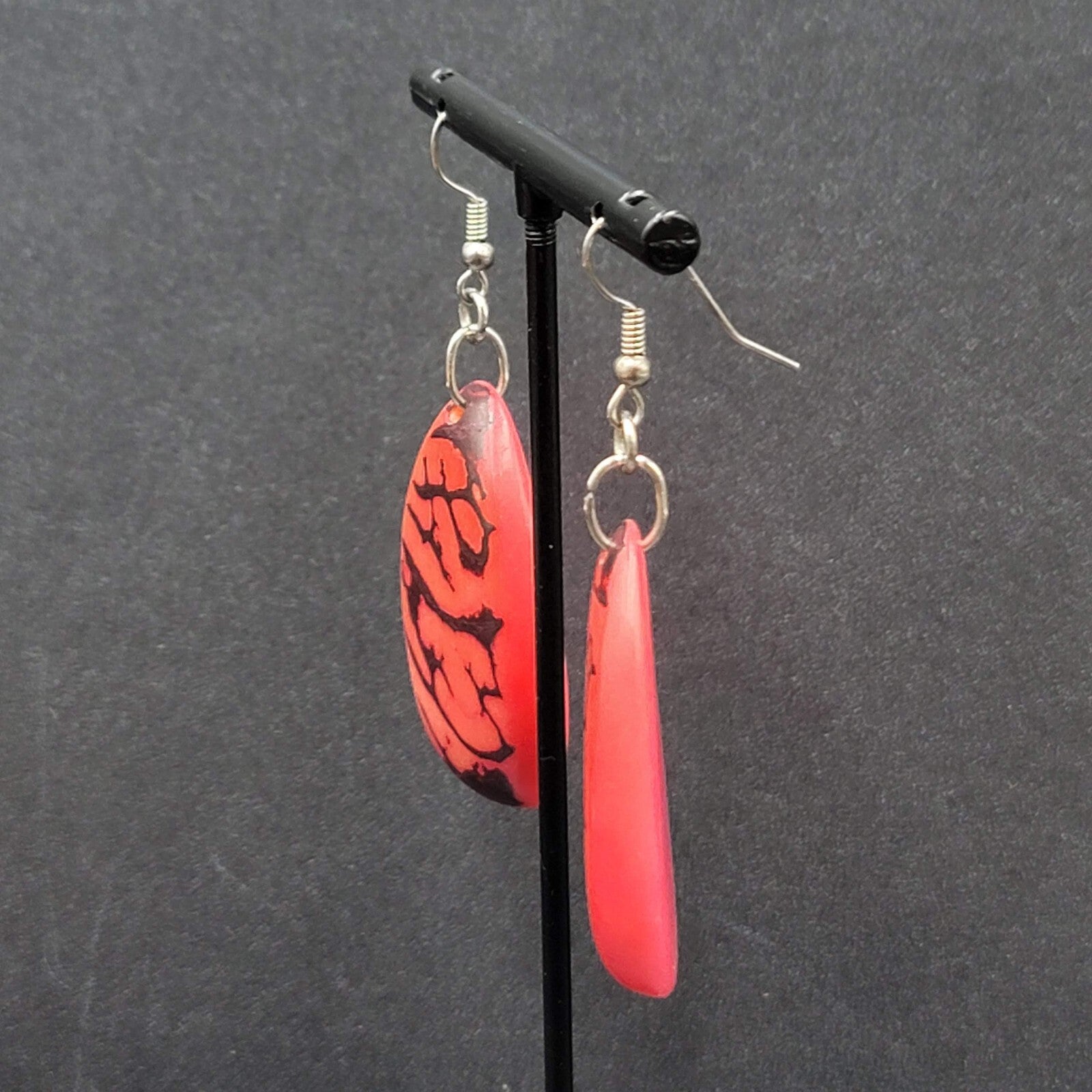 Pierced Earrings Red Dyed Tagua Nut Dangle Silver tone 1.75"
