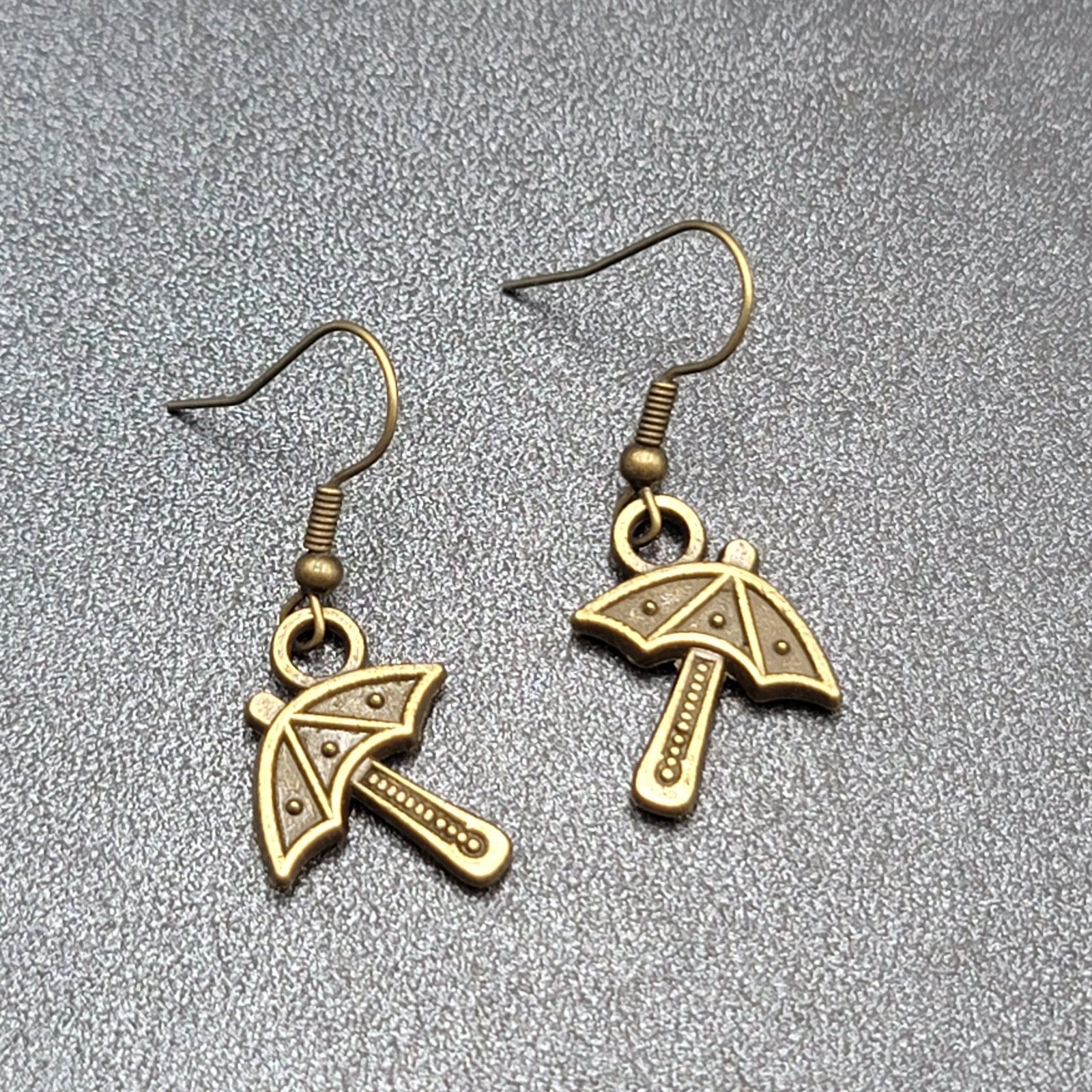 New Umbrella Pierced Earrings Embossed Bronze tone Dangle 3/4"
