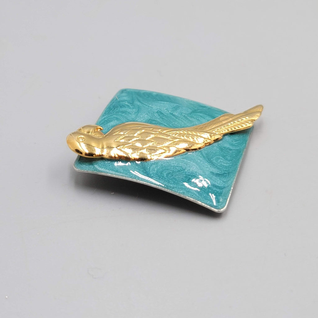 Vintage Parrot Brooch Green Enamel Gold tone Bird Square 2.25 in