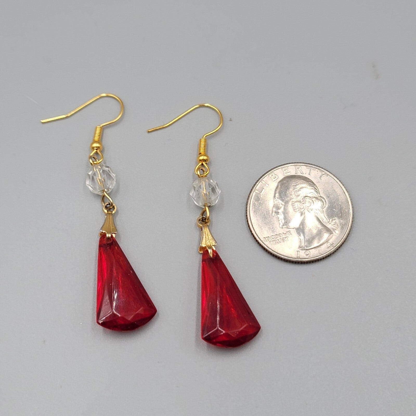 Pierced Earrings  Gold tone Red Clear Acrylic Bead Dangle 1.75" Lightweight