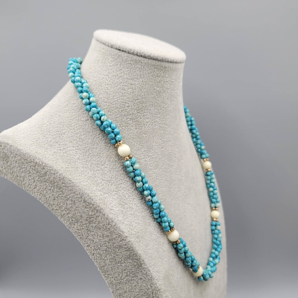 Vintage Blue Stone Twist Bead Necklace Gold tone 20"