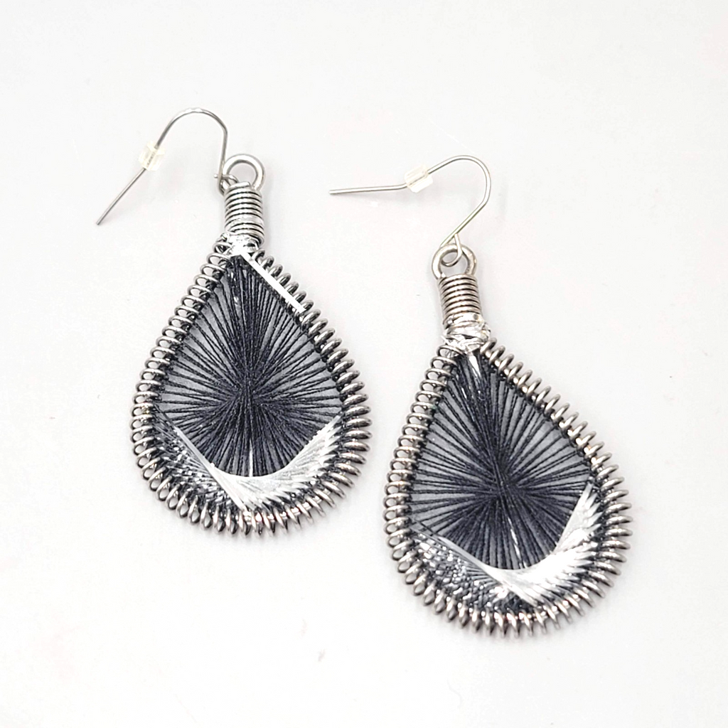 Teardrop Black String Art Pierced Earrings Silver tone Dangle 2"