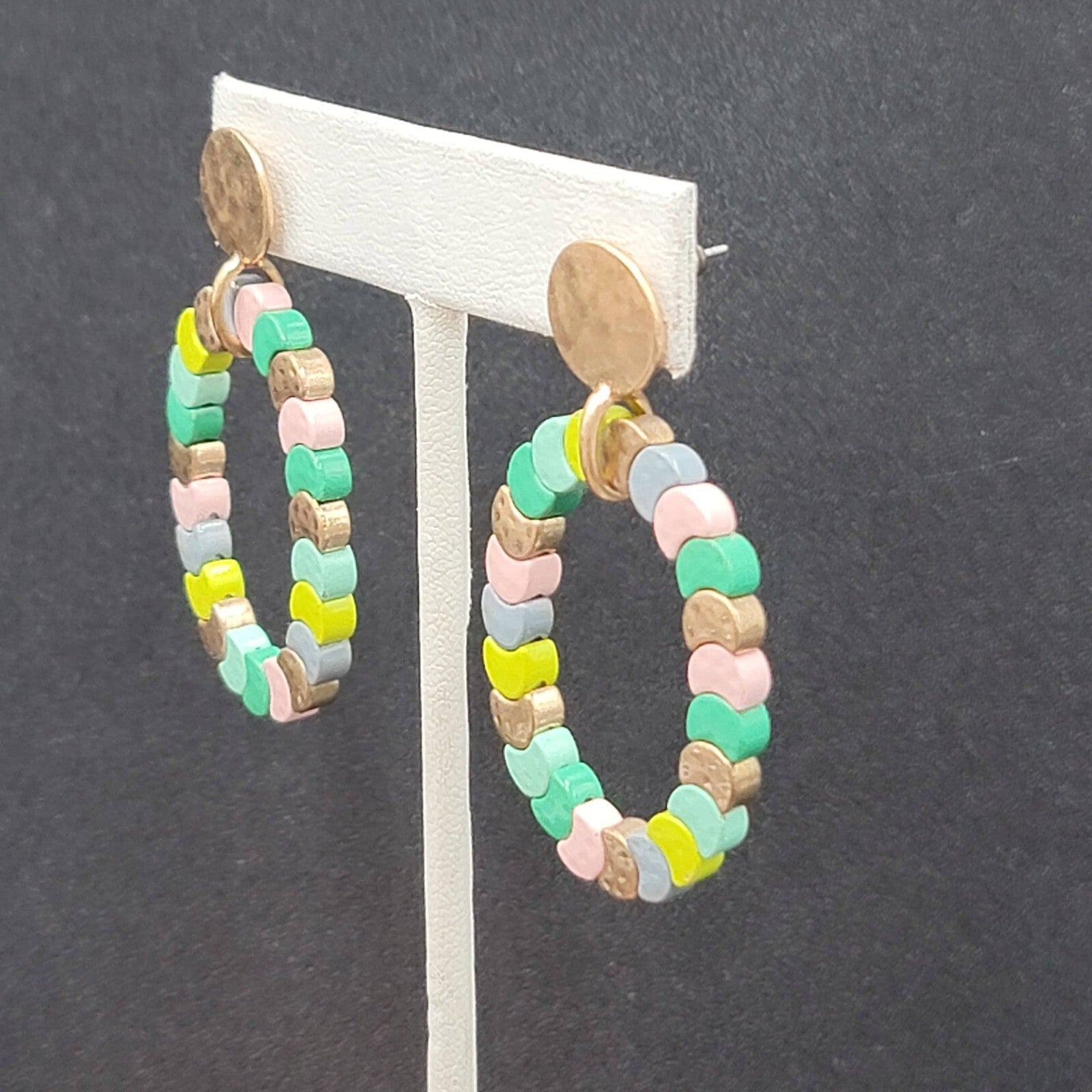 Pierced Earrings Gold tone Multicolor Strung Beads Hoop 2"