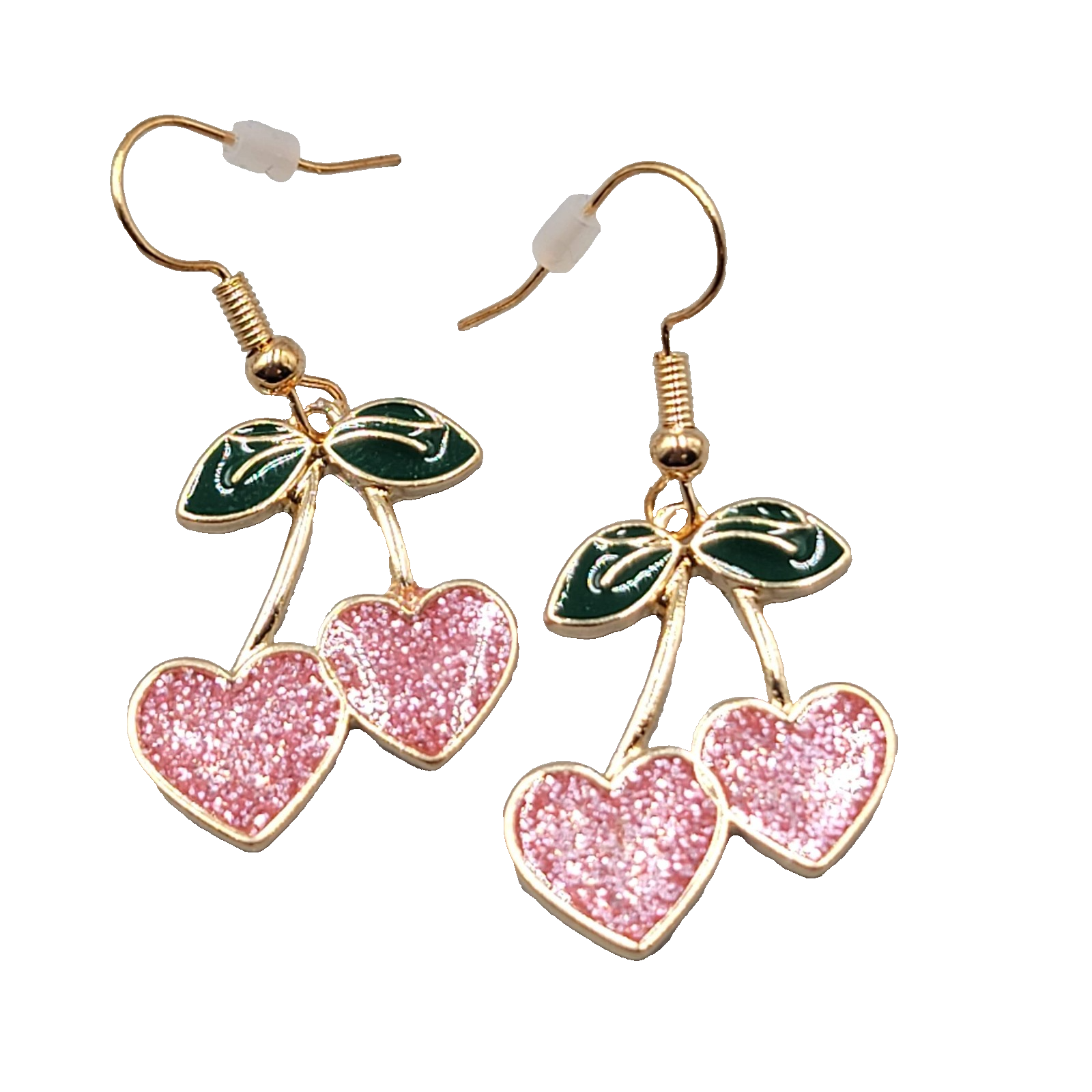 Heart Cherry Dangle Pierced Earrings Glitter Enamel Gold Tone Cute 1"