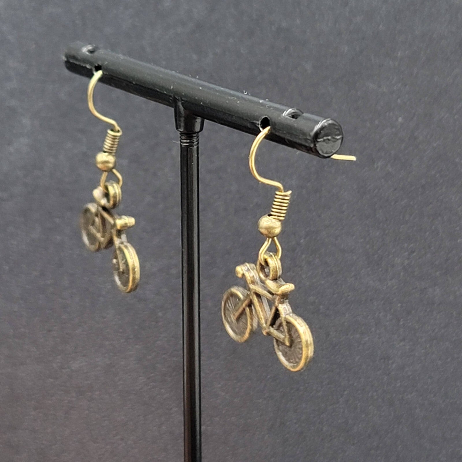 Bicycle Pierced Earrings Bronze tone Dangle 3D 5/8"