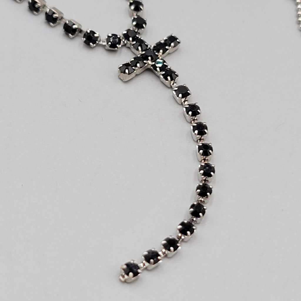 Black Rhinestone Cross Pendant Necklace Silver tone Y Drop 16"+