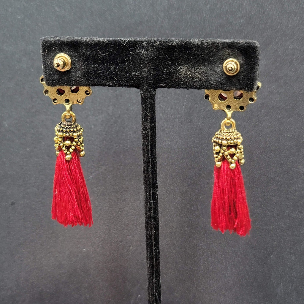 Boho Pierced Earrings Antiqued Gold tone Red String Tassel 2"