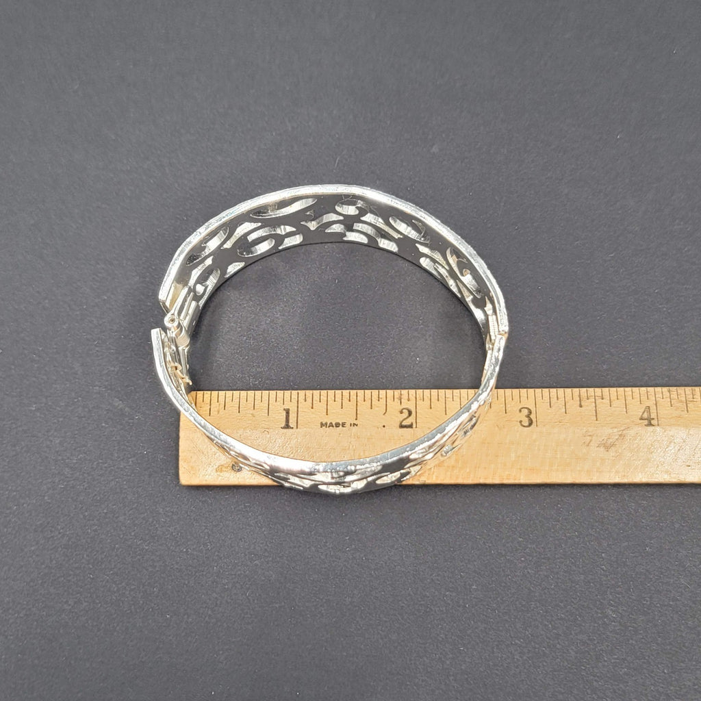Open Work Hammered Hinged Bracelet Matte Silver Plated 6.75"