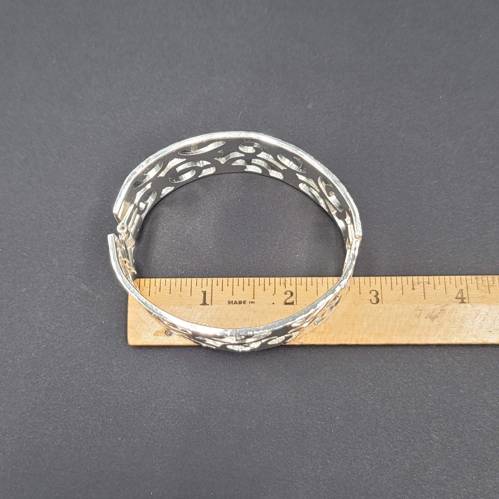 Open Work Hammered Hinged Bracelet Matte Silver Plated 6.75"