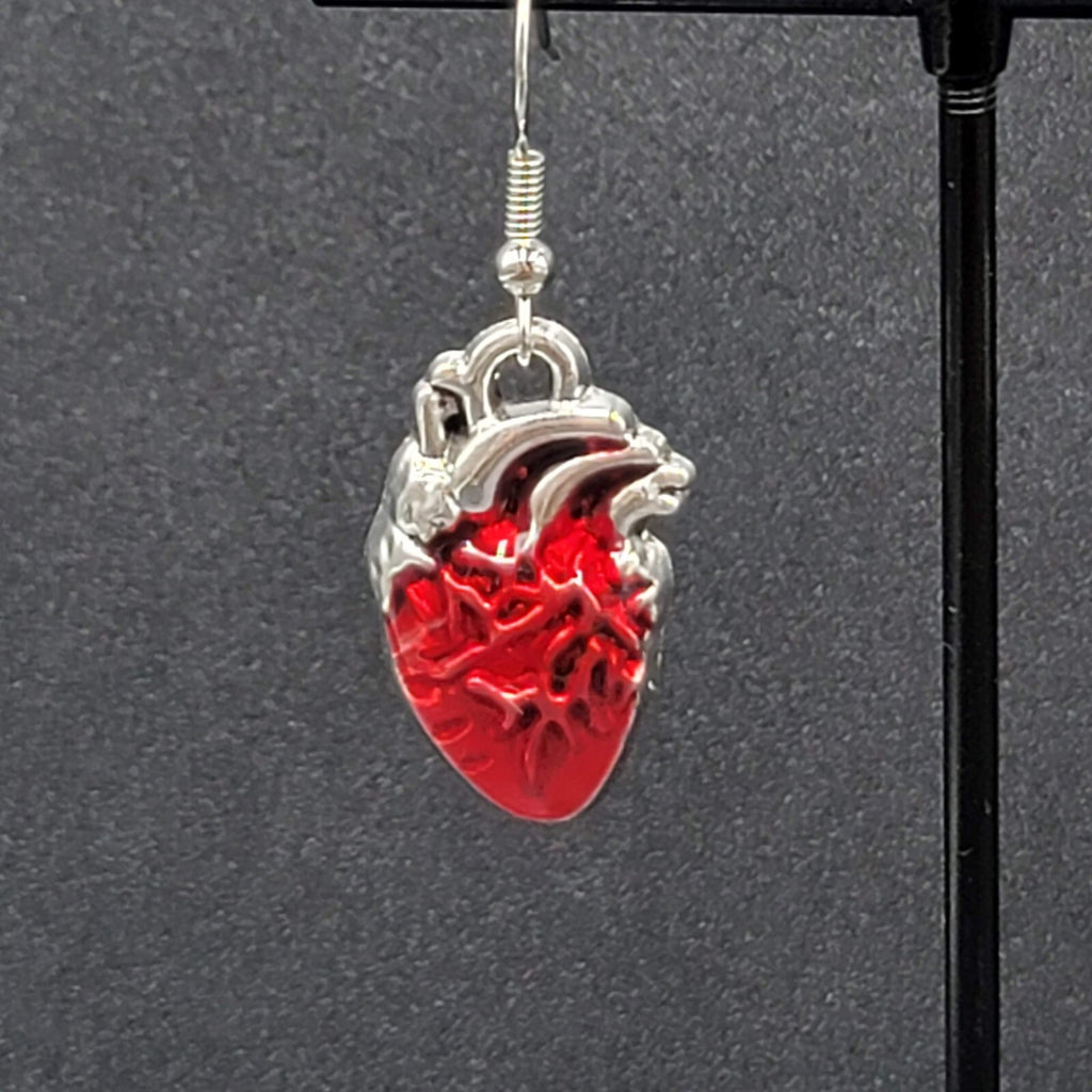 New Anatomical Heart Pierced Earrings Silver tone Red Goth Rock Dangle 1"