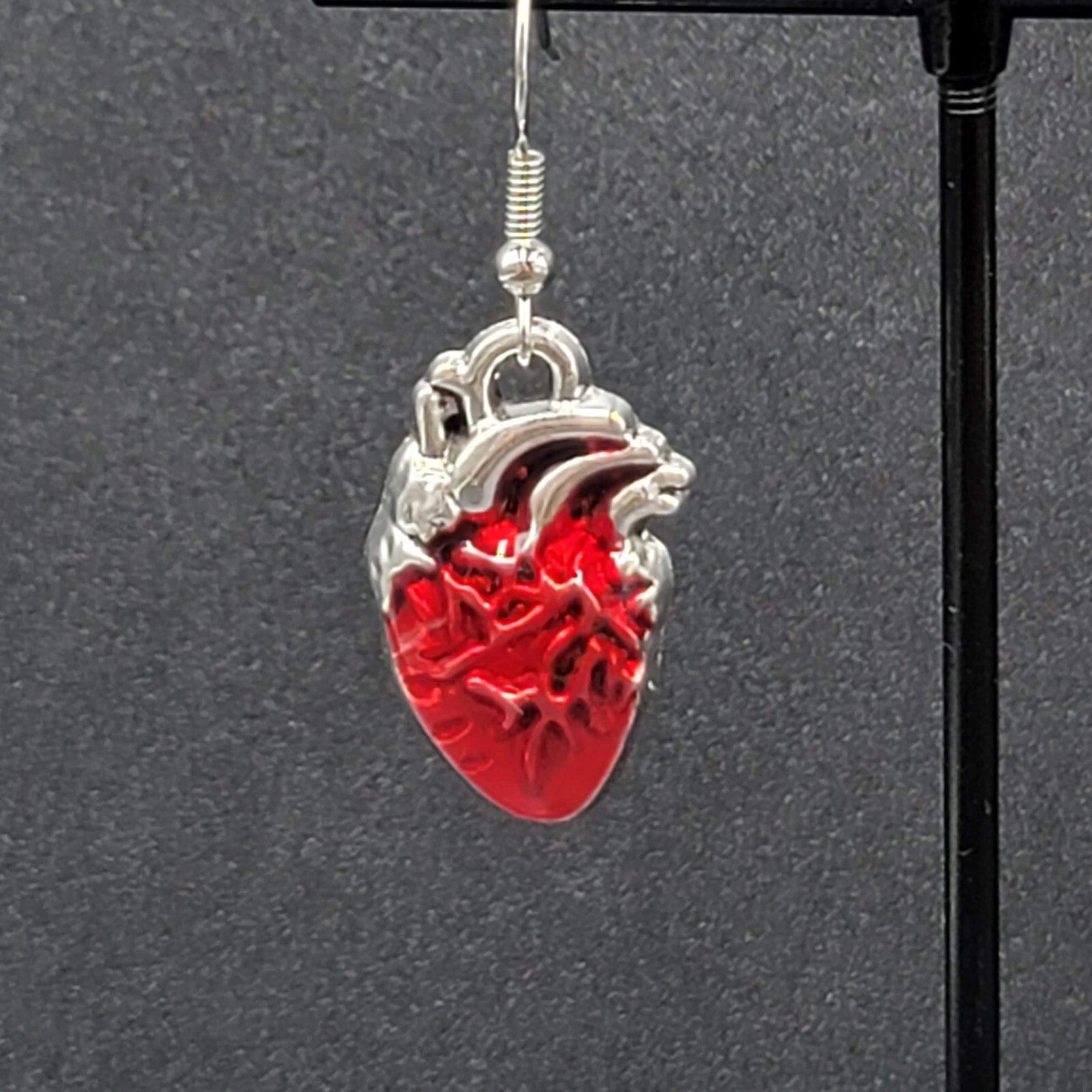 New Anatomical Heart Pierced Earrings Silver tone Red Goth Rock Dangle 1"