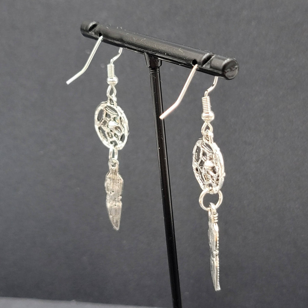 Dreamcatcher Pierced Earrings Silver tone Blue Rhinestone Enamel Feather  1 5/8"