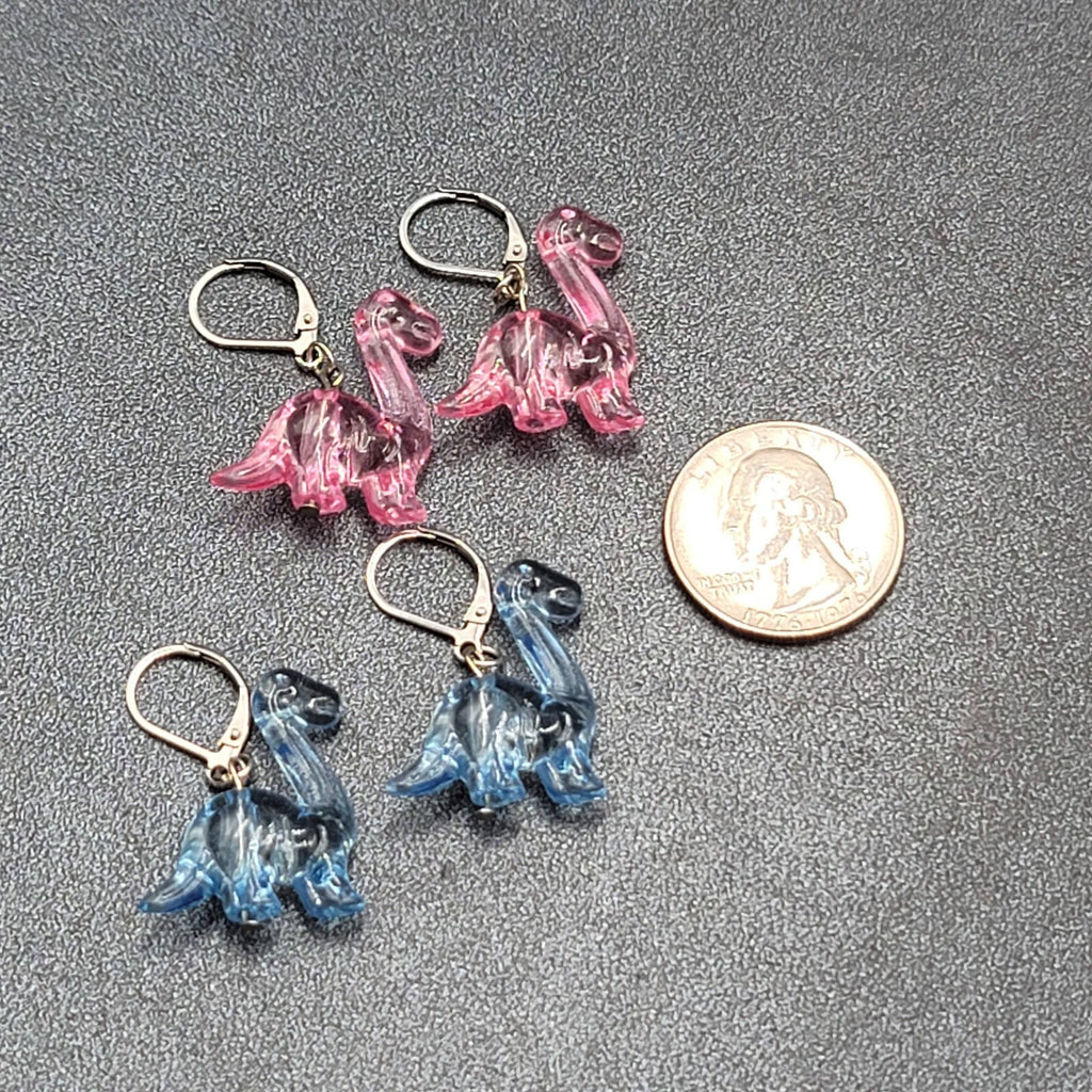 Dinosaur Pierced Earrings Pink Blue Acrylic Dangle 1" Lot of 2 