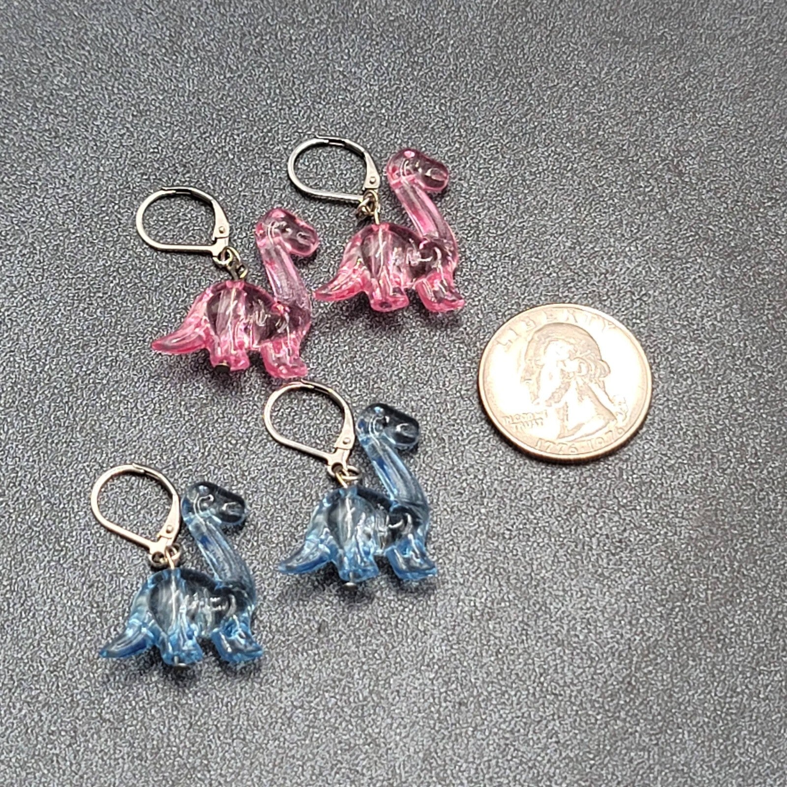 Dinosaur Pierced Earrings Pink Blue Acrylic Dangle 1" Lot of 2 