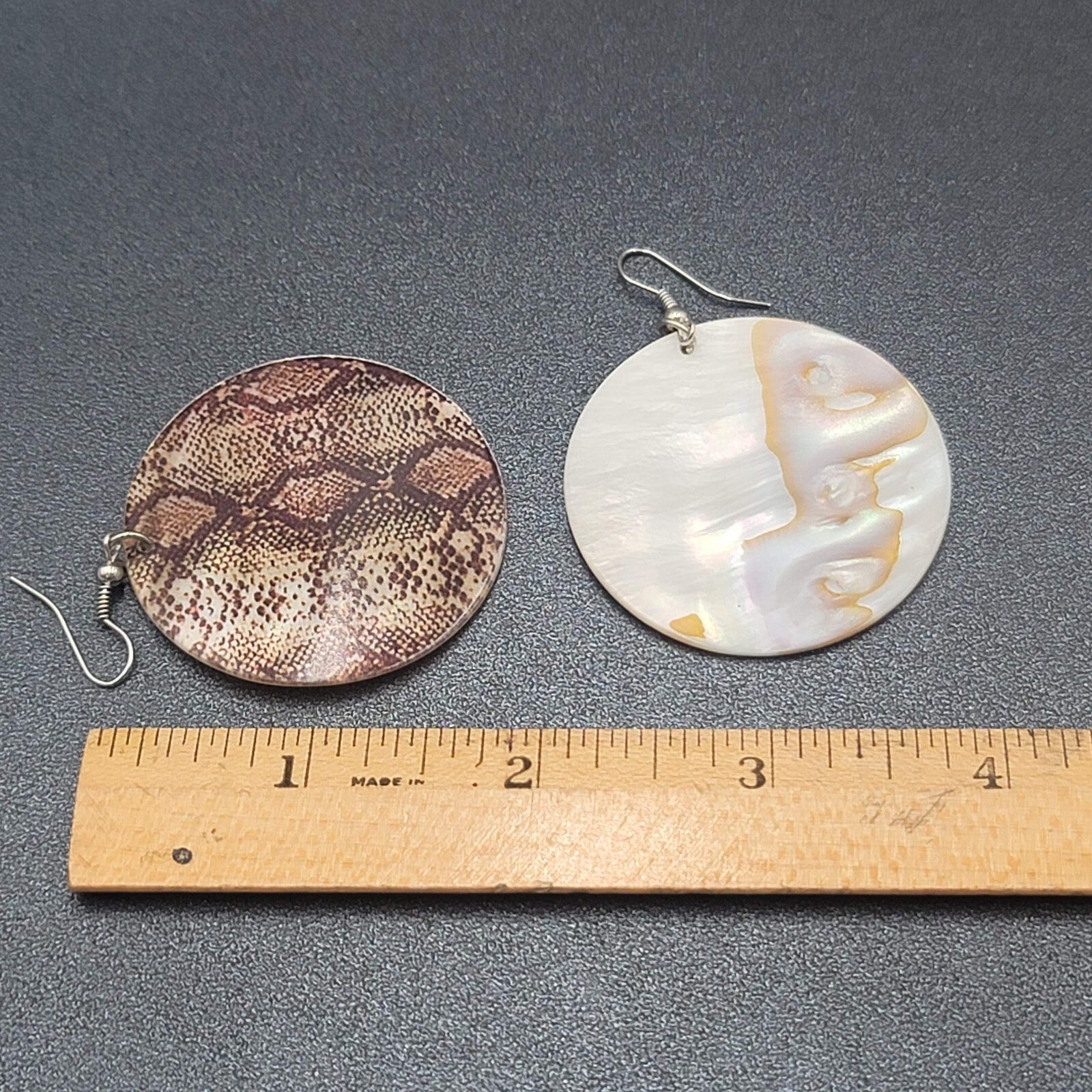 Pierced Earrings Snake Skin Print on Sea Shell 1.75"