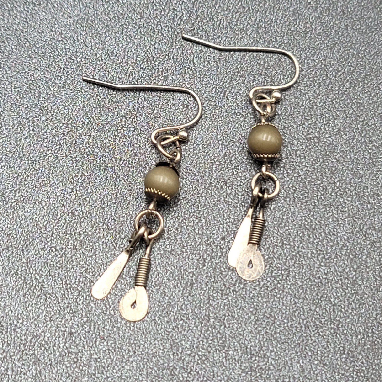 Boho Pierced Earrings Silver tone Artisan Green Bead Dangle 1.25"