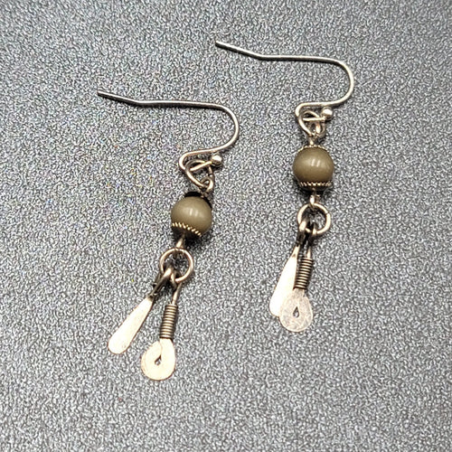 Boho Pierced Earrings Silver tone Artisan Green Bead Dangle 1.25"