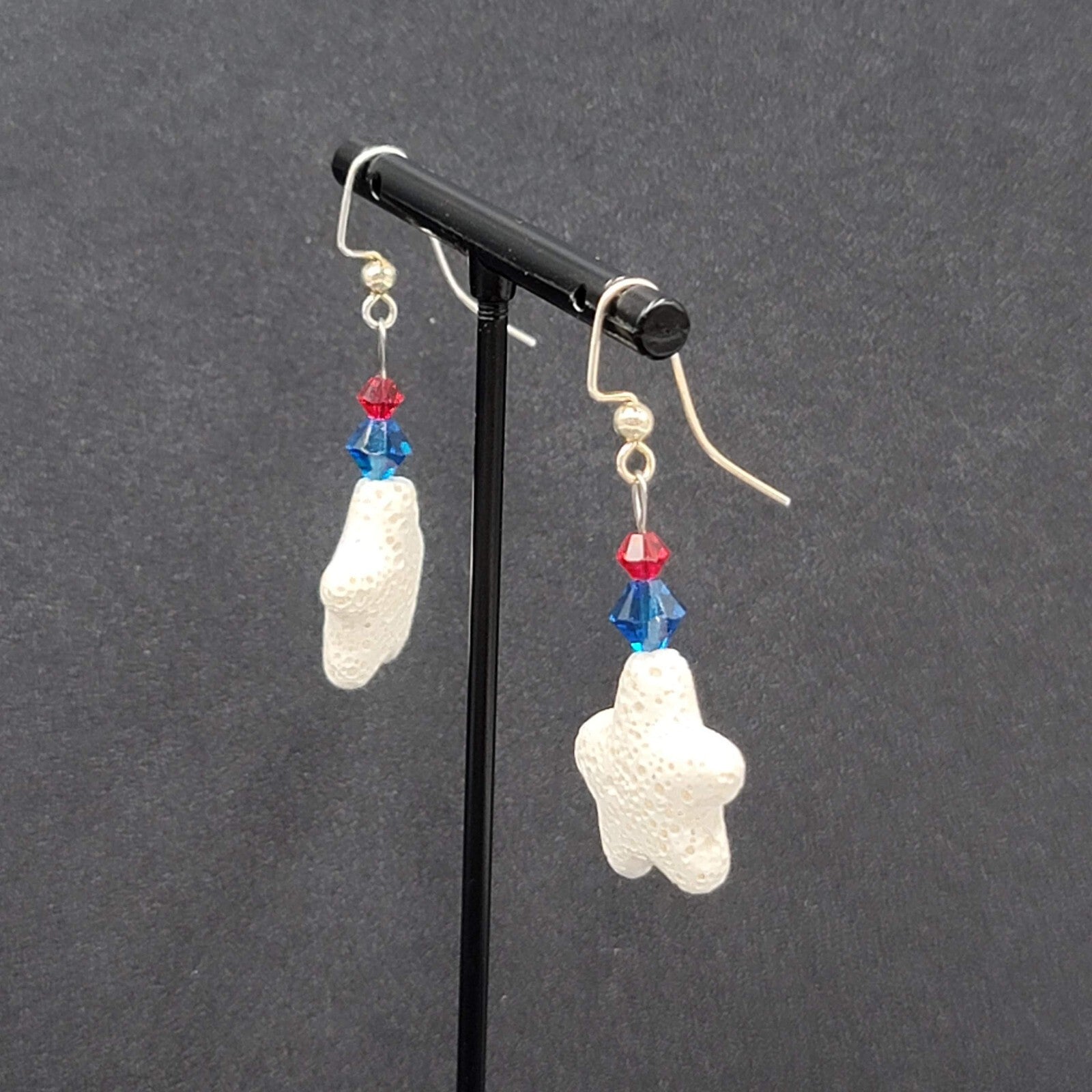Pierced Earrings Silver tone Crystal Bead Starfish Dangle 1.5"