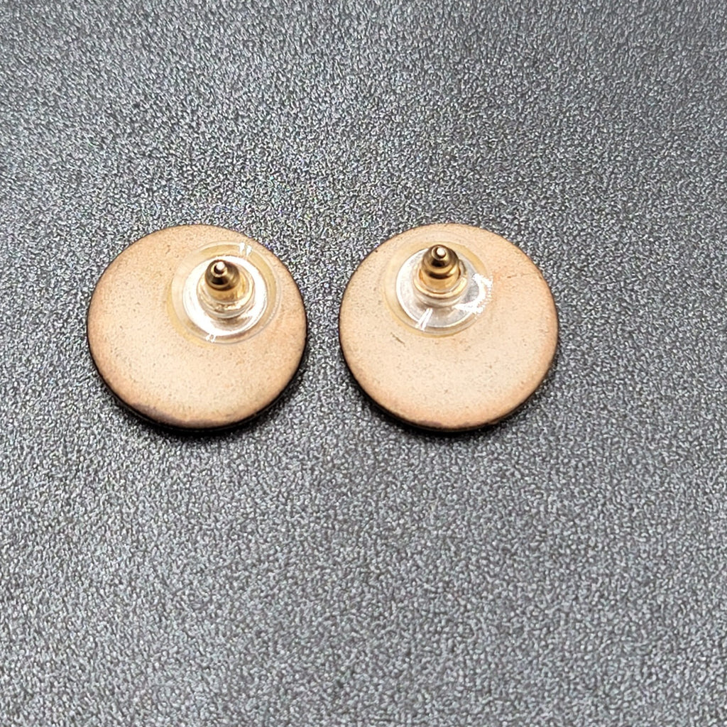 Vintage Pierced Earrings Black Gold Painted Round Ceramic Studs 3/4"