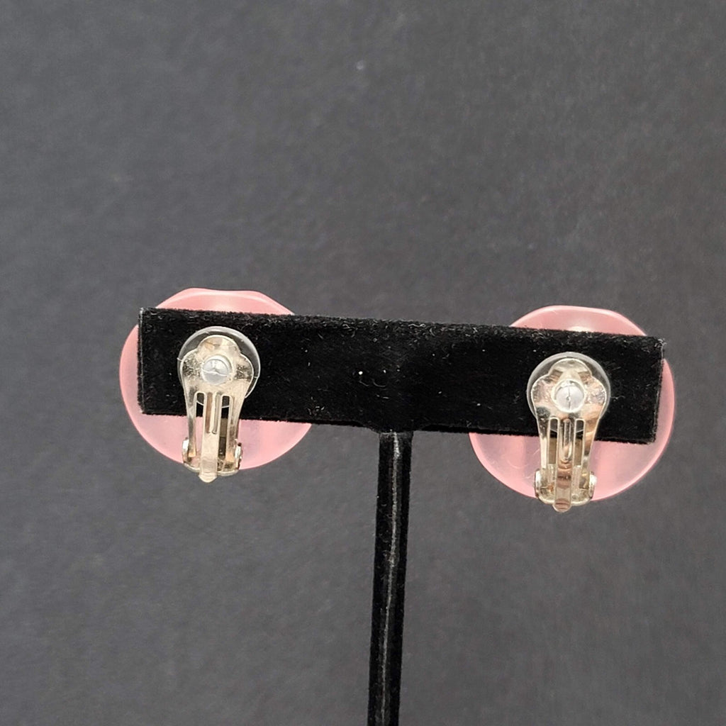 Vintage Clip on Earrings Pink Translucent Acrylic Rhinestone Dome 1"