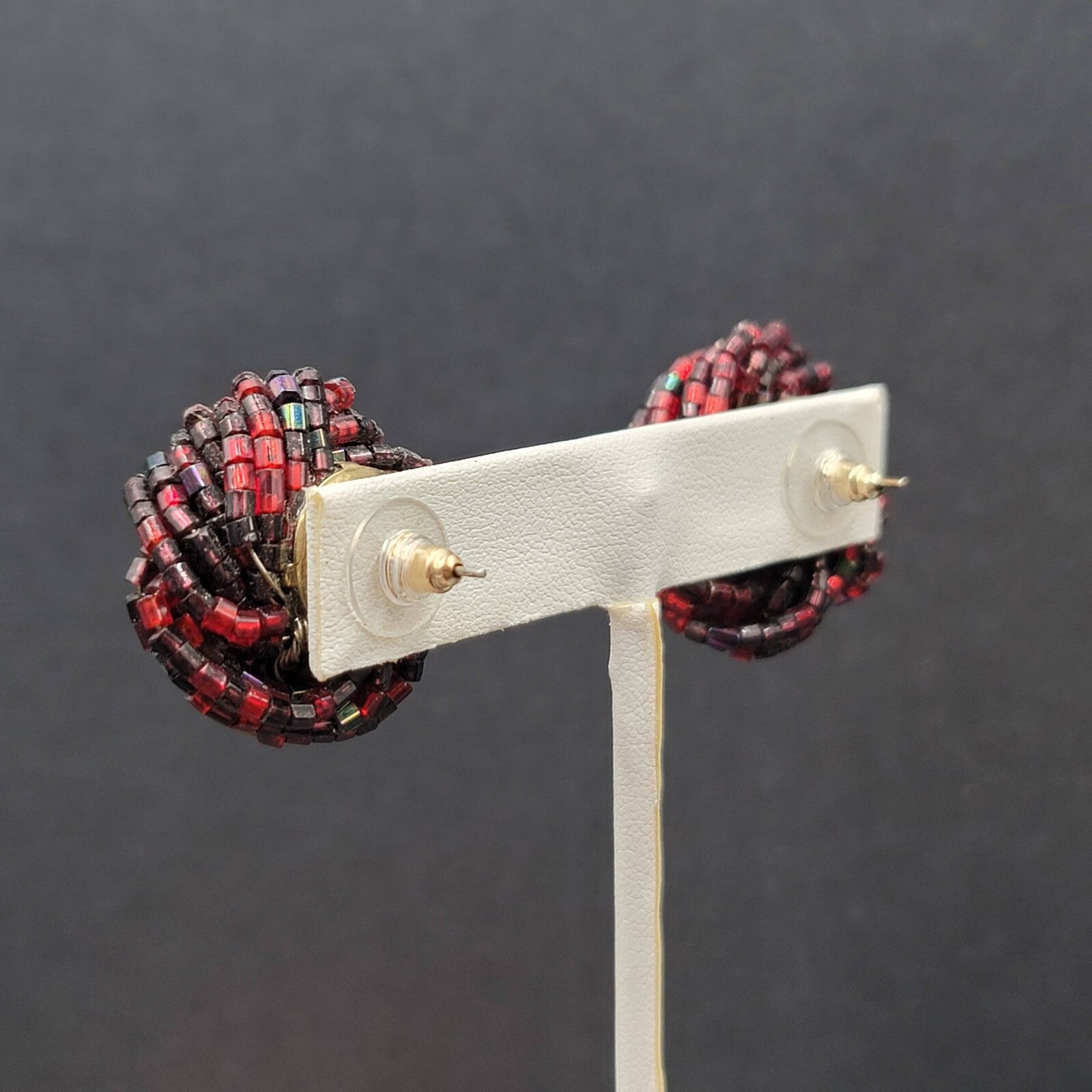 Vintage Pierced Earrings Red Black Seed Bead Cluster Knot 1"