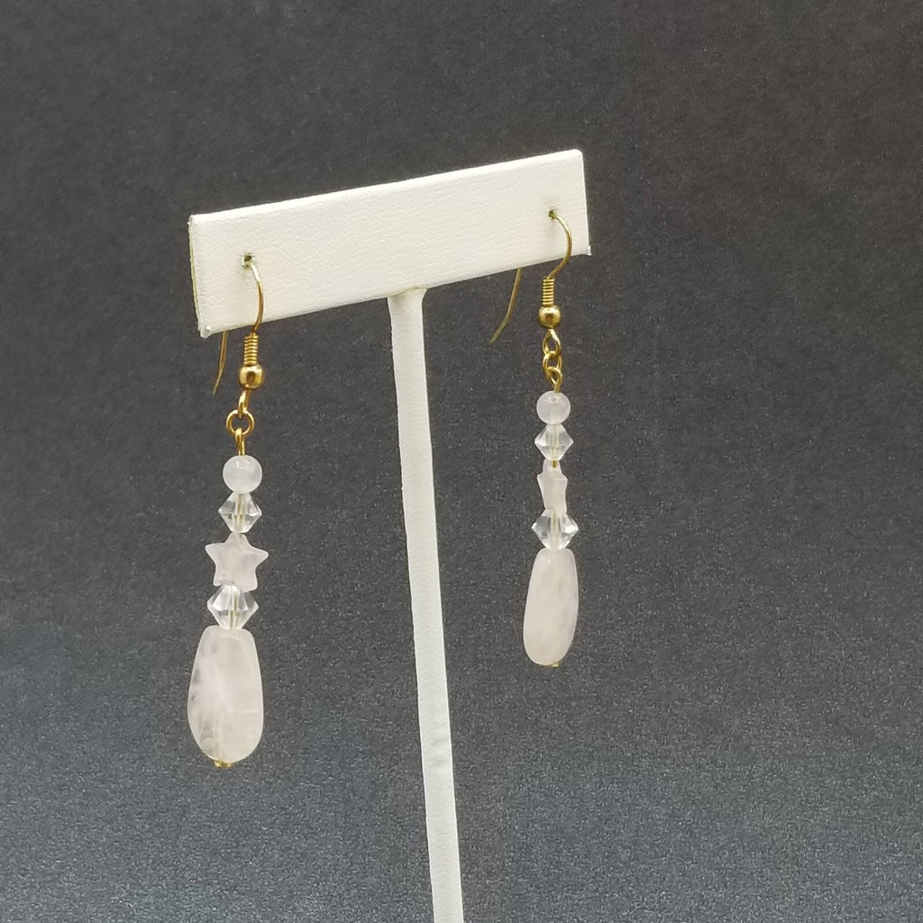 Pierced Earrings Gold tone Crystal Rose Quartz Teardrop Beaded Dangle 1 1/2"